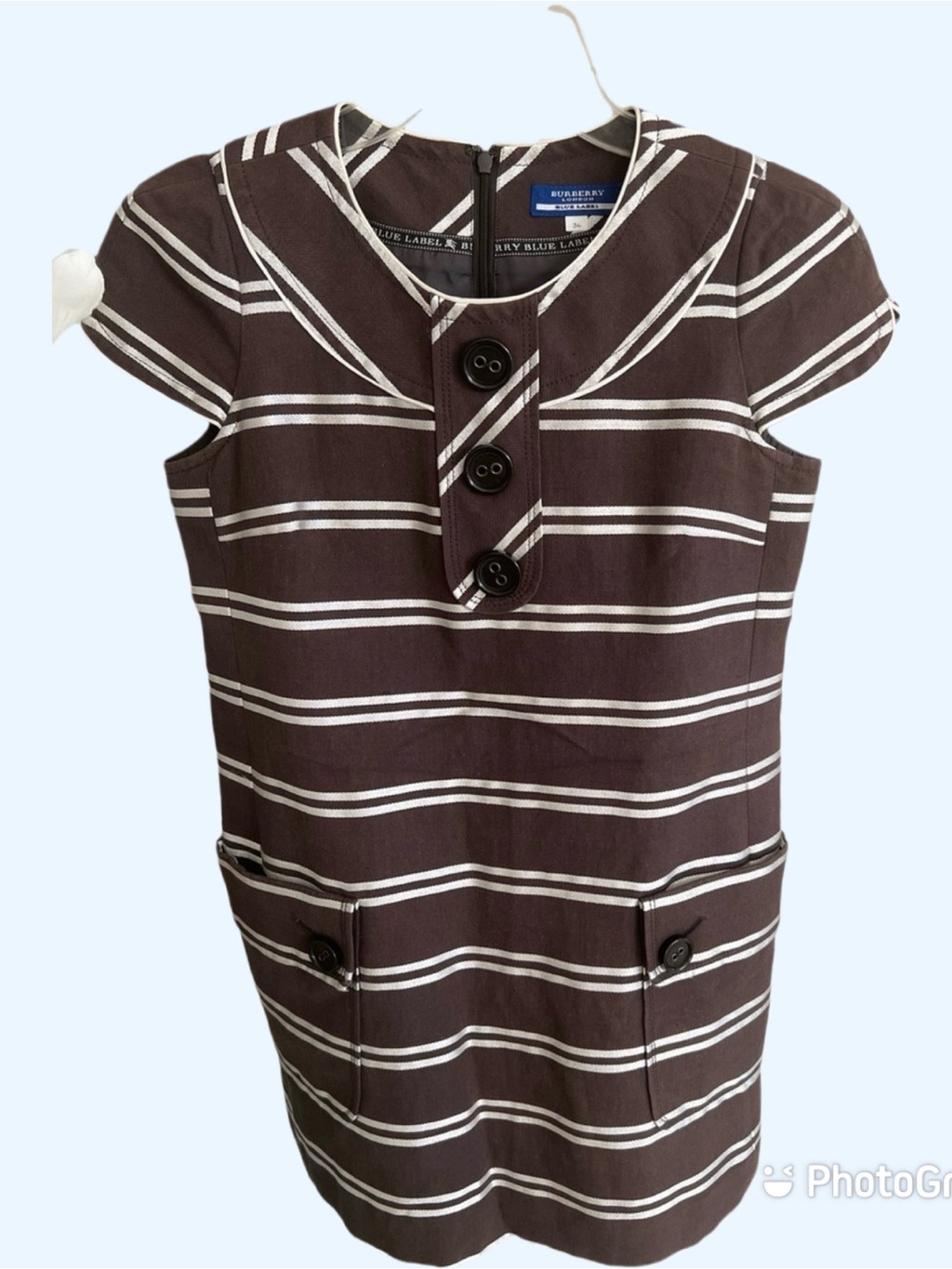 Burberry London Brown & White Striped Cap-Sleeve Dress